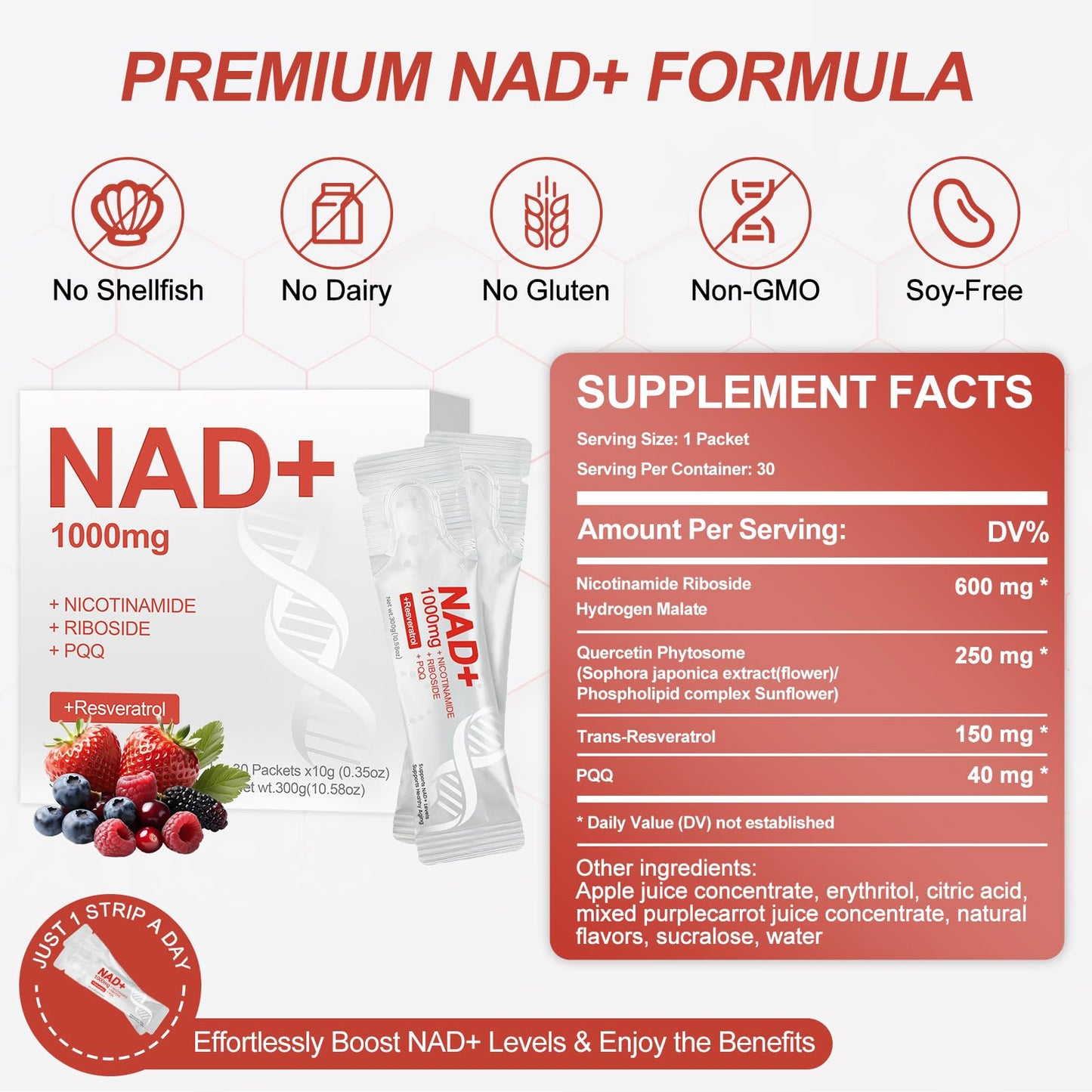 NAD+ Liquid Supplement 1000mg – NR, Resveratrol & PQQ | Berry Flavor | 30 Packs