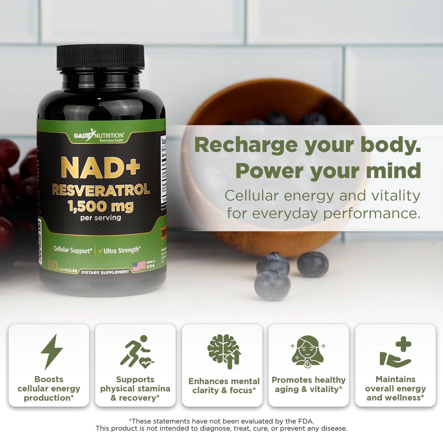 Gade Nutrition NAD+ with Resveratrol Supplement | Made in USA | Healthy Aging & Antioxidant