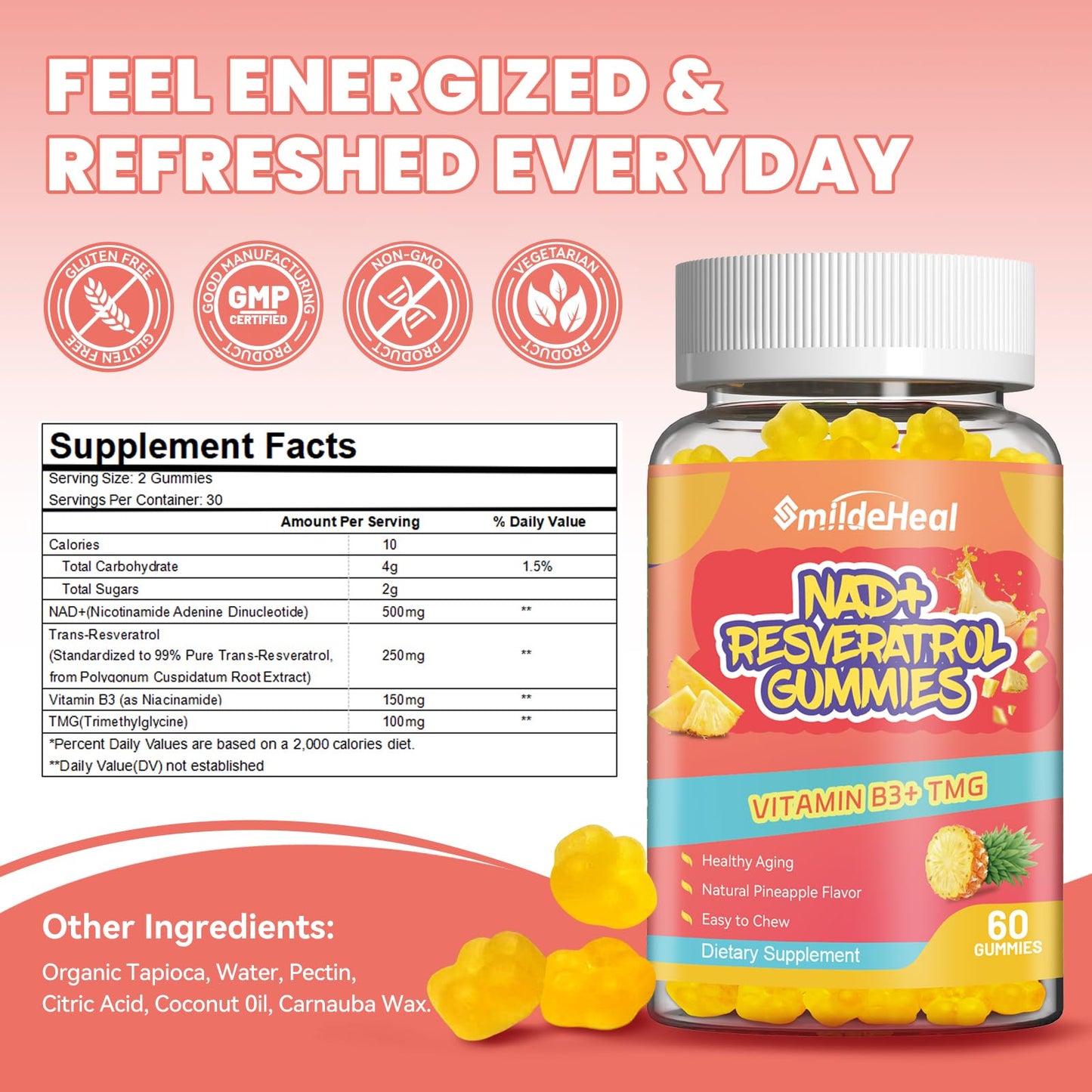 NAD+ Resveratrol Gummies - 500mg NAD+, 60 Vegan Gummies | 30-Day Supply