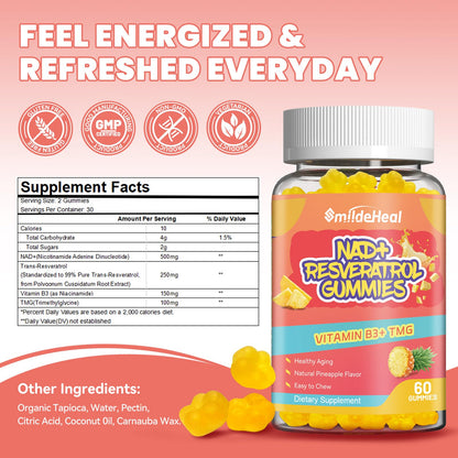 NAD+ Resveratrol Gummies - 500mg NAD+, 60 Vegan Gummies | 30-Day Supply