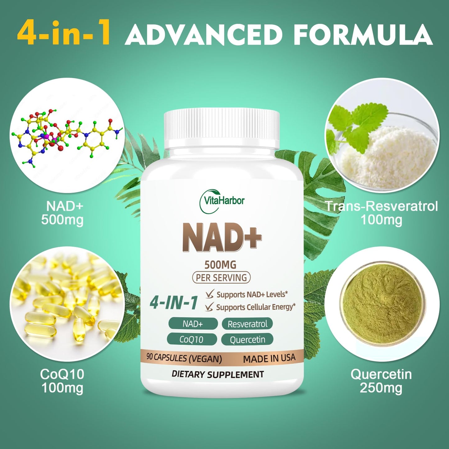 NAD Supplement 500mg - Pure Organic NAD+ for Women & Men | Trans-Resveratrol, CoQ10 & Quercetin