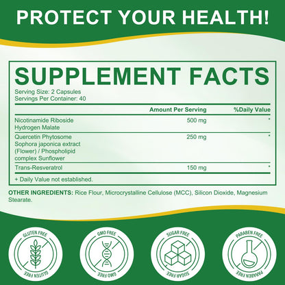 NAD Supplement - Liposomal Nicotinamide Riboside 900mg + Resveratrol & Quercetin | Ultra Strength 80 Capsules
