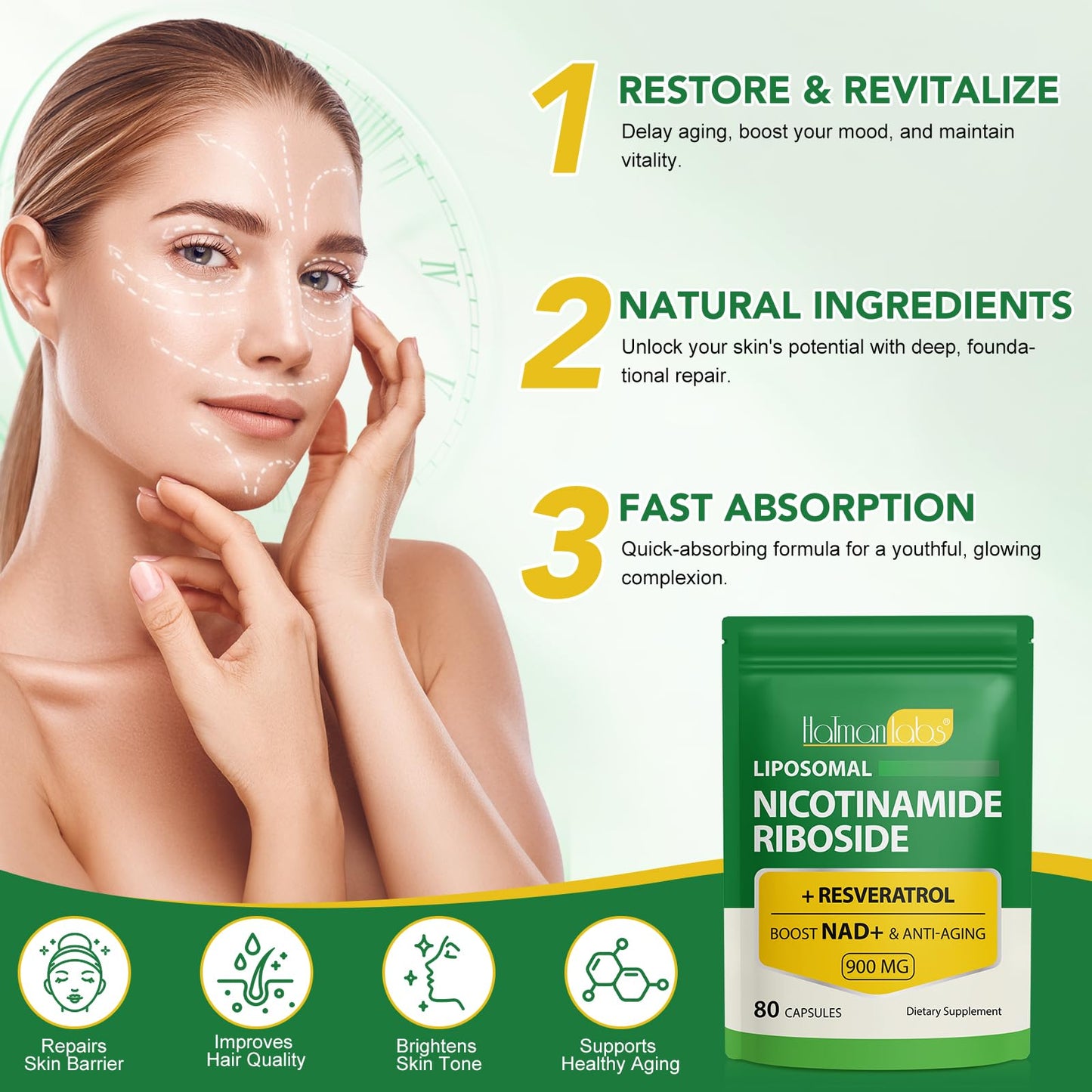 NAD Supplement - Liposomal Nicotinamide Riboside 900mg + Resveratrol & Quercetin | Ultra Strength 80 Capsules