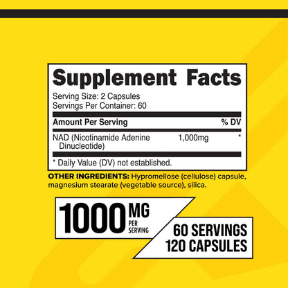 Primaforce NAD+ 1000 mg Supplement - 120 Capsules (60 Servings) | Nicotinamide Adenine Dinucleotide