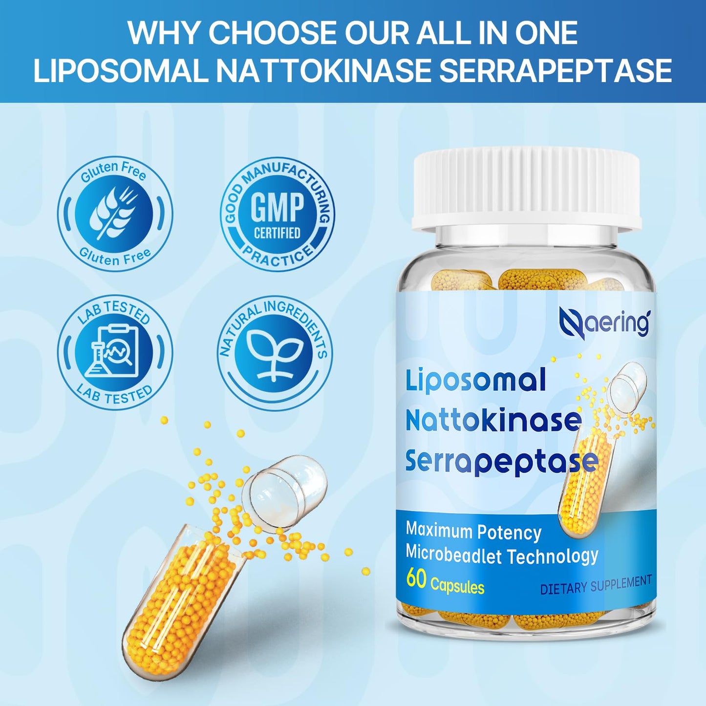 Naering Liposomal Nattokinase 12,000 FU + Serrapeptase 360,000 SPU – 60 Capsules (2 Bottles)