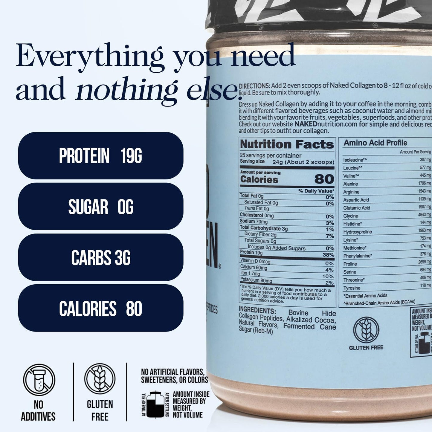 NAKED Chocolate Collagen Peptides Powder – 24 Servings, 20 oz, Grass-Fed, Paleo & Keto Friendly, Non-GMO, Gluten Free