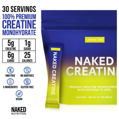 NAKED Pure Lemon Lime Creatine Monohydrate Stick Packs — 30 Pack | Vegan, Non-GMO, Gluten Free