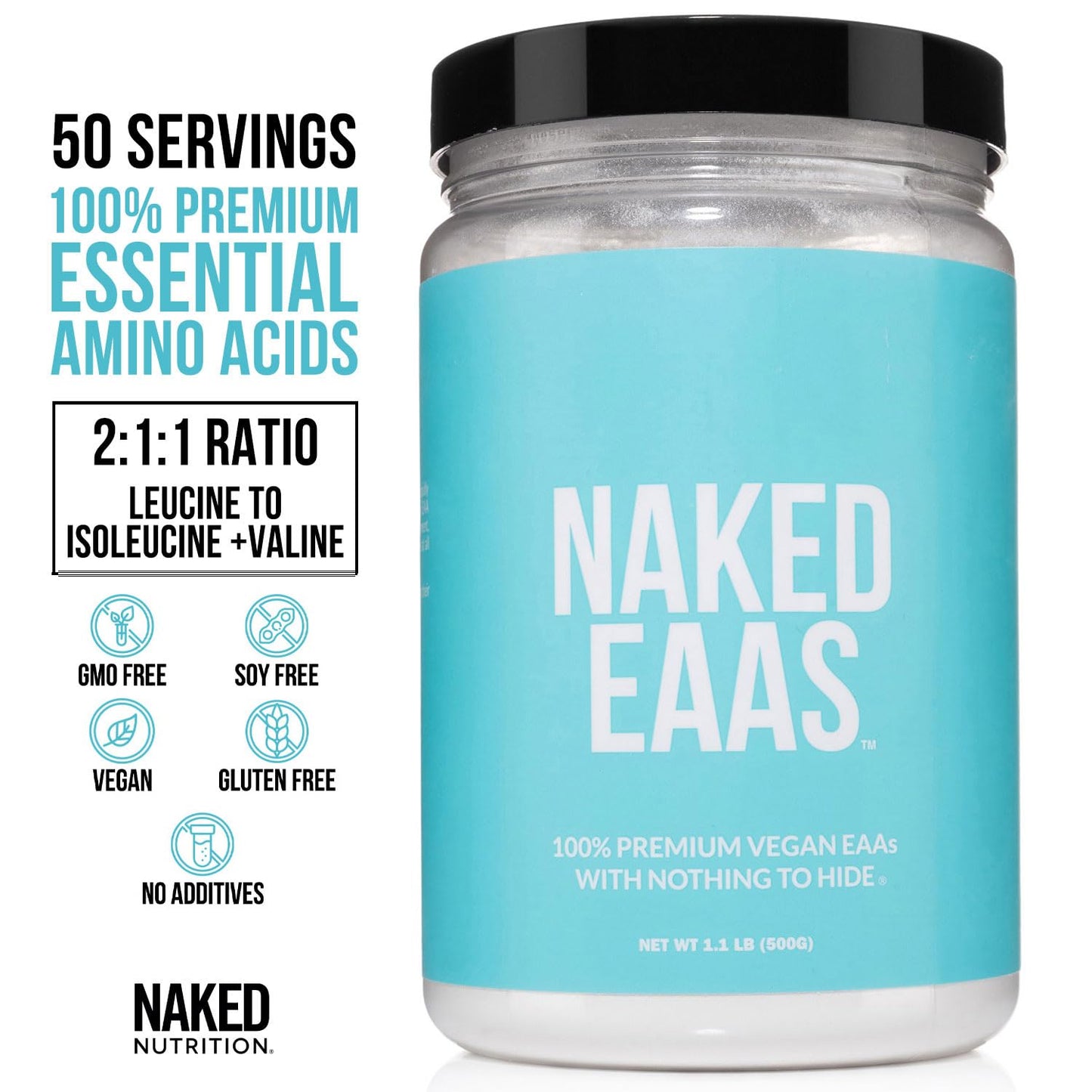 NAKED EAAs Amino Acids Powder – 50 Servings, Vegan, Unflavored, 500 g | Instantized All-Natural Essential Amino Acids