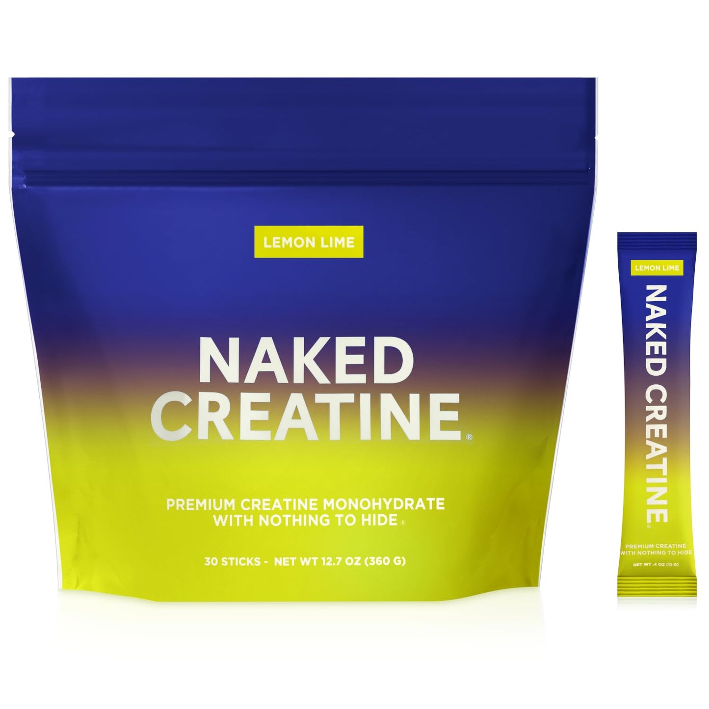 NAKED Pure Lemon Lime Creatine Monohydrate Stick Packs — 30 Pack | Vegan, Non-GMO, Gluten Free