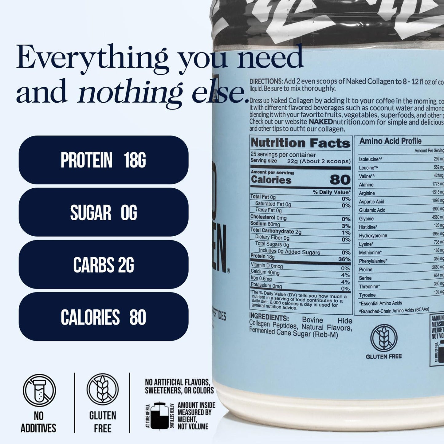 NAKED Vanilla Collagen Peptides – Pasture-Raised, Grass-Fed, 25 Servings, 19.4oz | Paleo, Keto, Non-GMO, Gluten Free