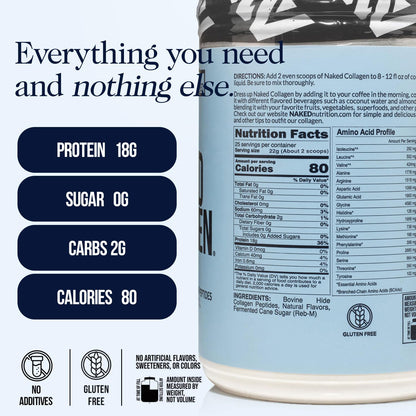 NAKED Vanilla Collagen Peptides – Pasture-Raised, Grass-Fed, 25 Servings, 19.4oz | Paleo, Keto, Non-GMO, Gluten Free