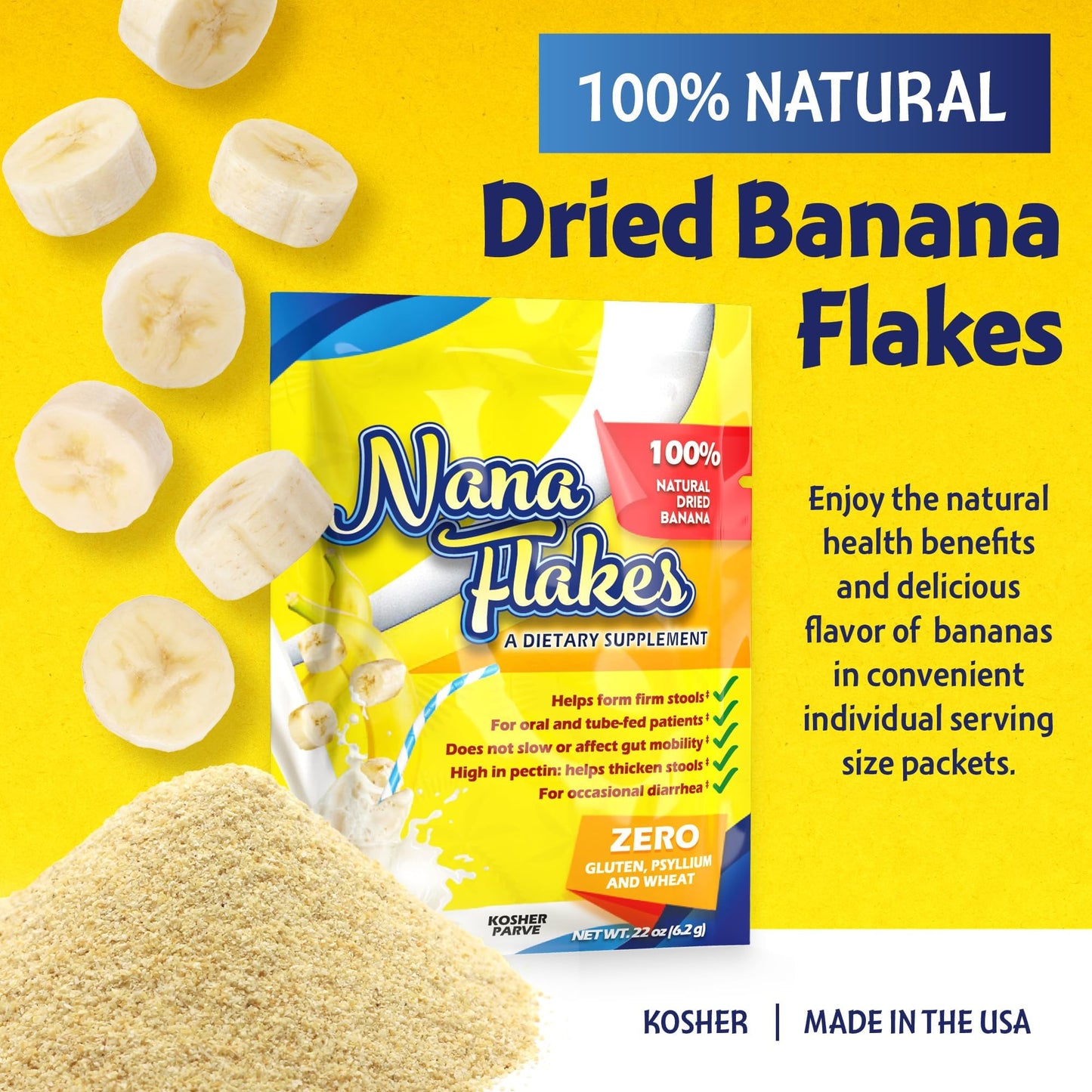 Nana Flakes 100% Pure Banana Flakes Medical Food Powder – Digestive Support (100 Single-Serve Packs)