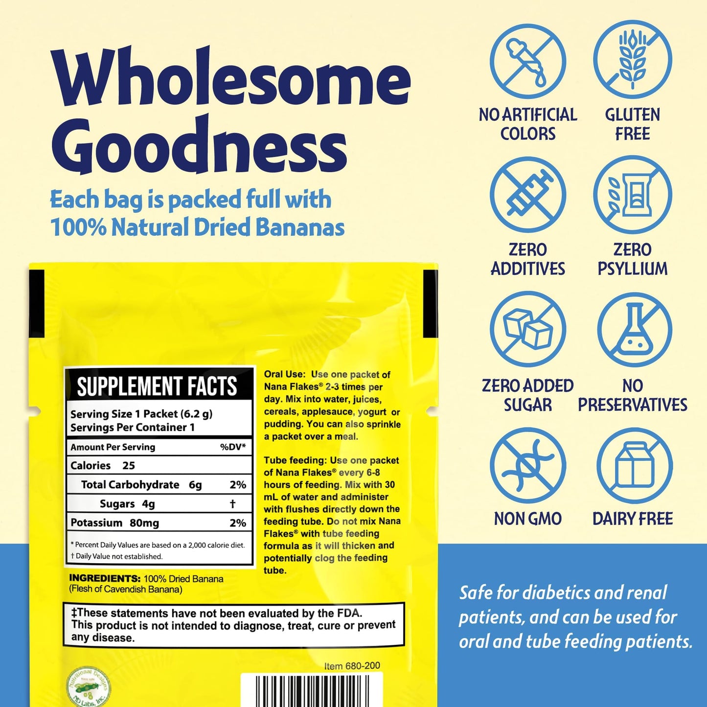 Nana Flakes 100% Pure Banana Flakes Medical Food Powder – Digestive Support (100 Single-Serve Packs)