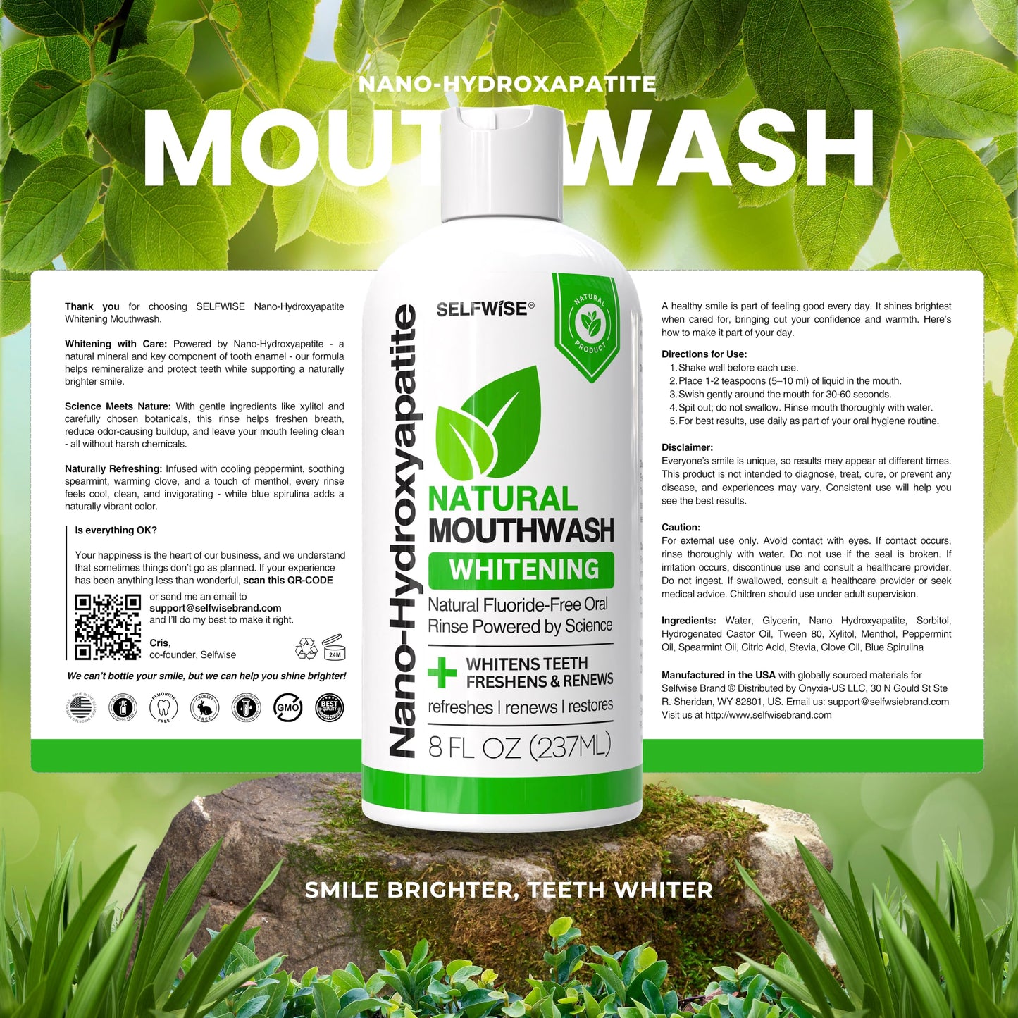 Nano-Hydroxyapatite Mouthwash with Xylitol – Fluoride-Free, Alcohol-Free, Gentle Whitening & Enamel Support