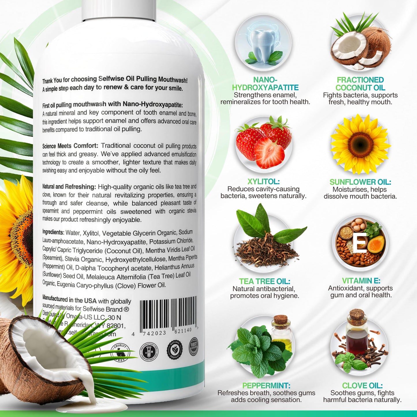 Nano-Hydroxyapatite Oil Pulling Mouthwash for Teeth & Gums – Organic, Fluoride-Free, 16oz