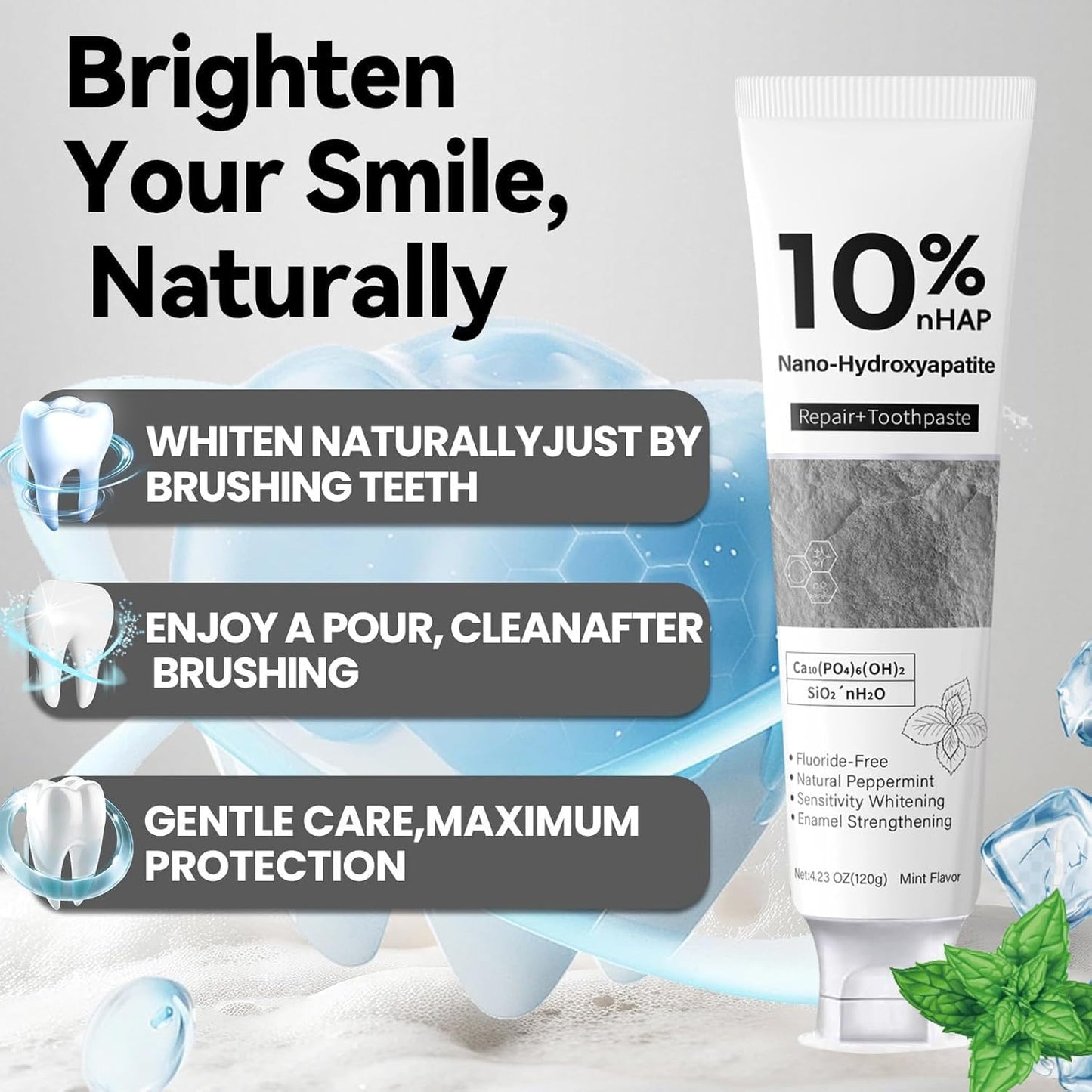 Nano-Hydroxyapatite Toothpaste - New Upgraded Formula, 10% NHA, Enamel Strengthening, Fluoride-Free, Gentle on Sensitive Teeth, 4.23oz