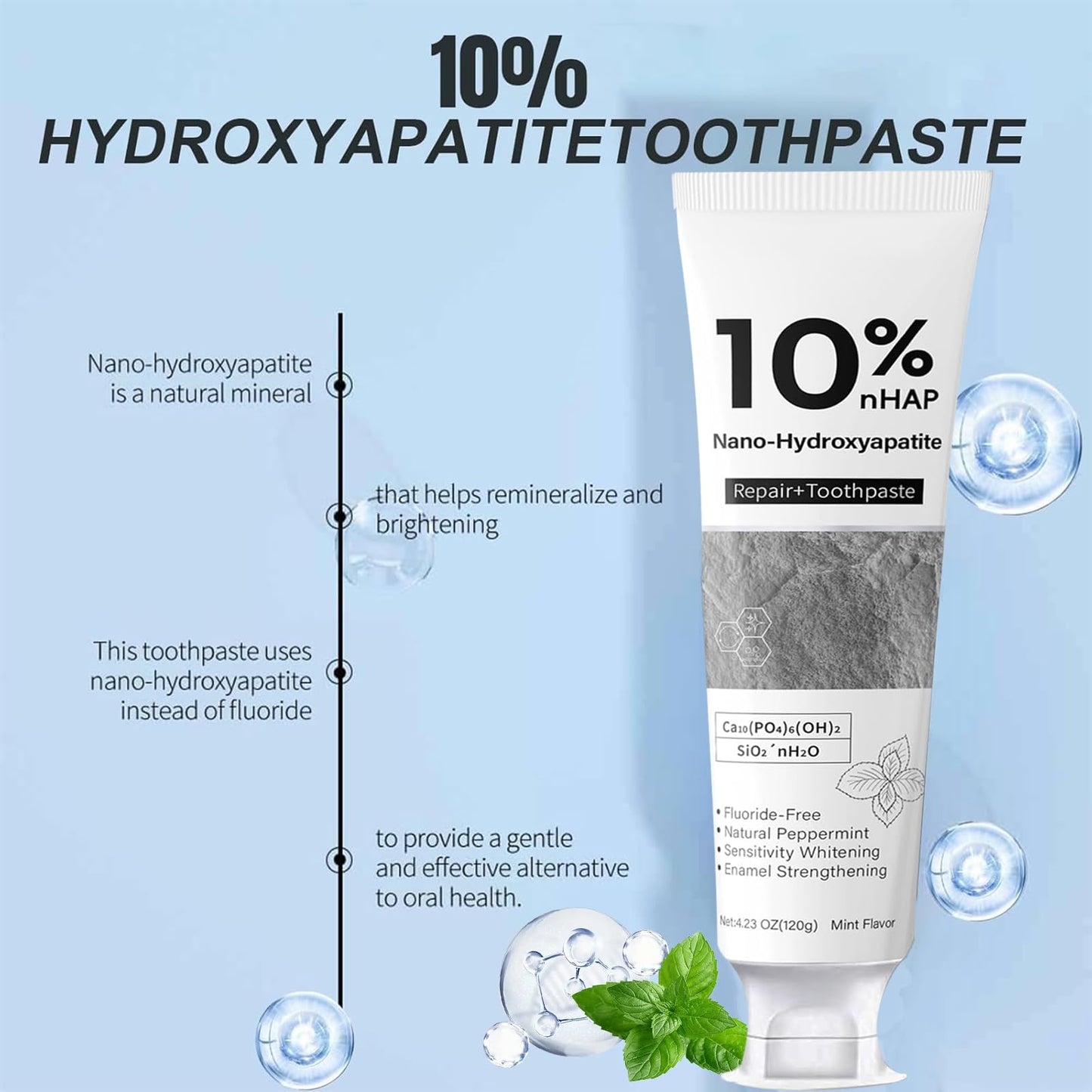 Nano-Hydroxyapatite Toothpaste - New Upgraded Formula, 10% NHA, Enamel Strengthening, Fluoride-Free, Gentle on Sensitive Teeth, 4.23oz