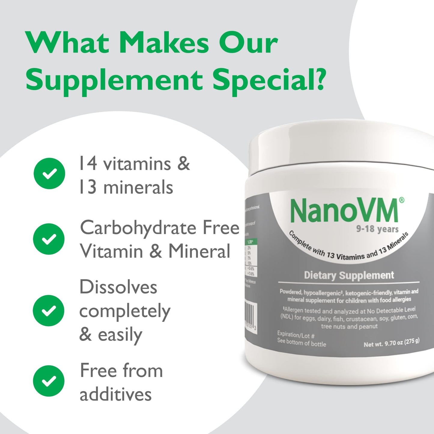 NanoVM 9-18 Years Allergen-Free Multivitamin Powder – Solace Nutrition (275g) Unflavored, Low-Carb