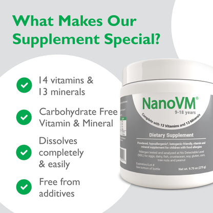 NanoVM 9-18 Years Allergen-Free Multivitamin Powder – Solace Nutrition (275g) Unflavored, Low-Carb