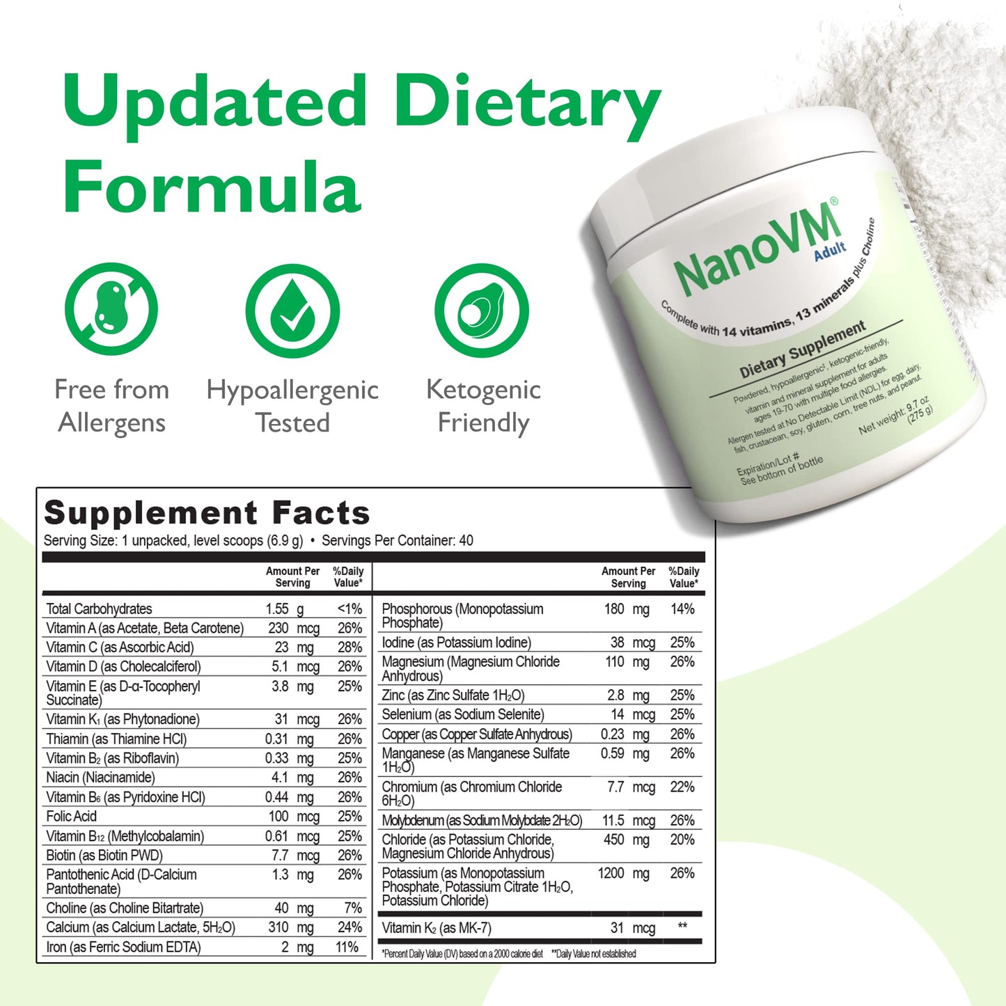 NanoVM Adult Allergen-Free Multivitamin Powder — 13 Vitamins & 13 Minerals, Low-Carb, 275g