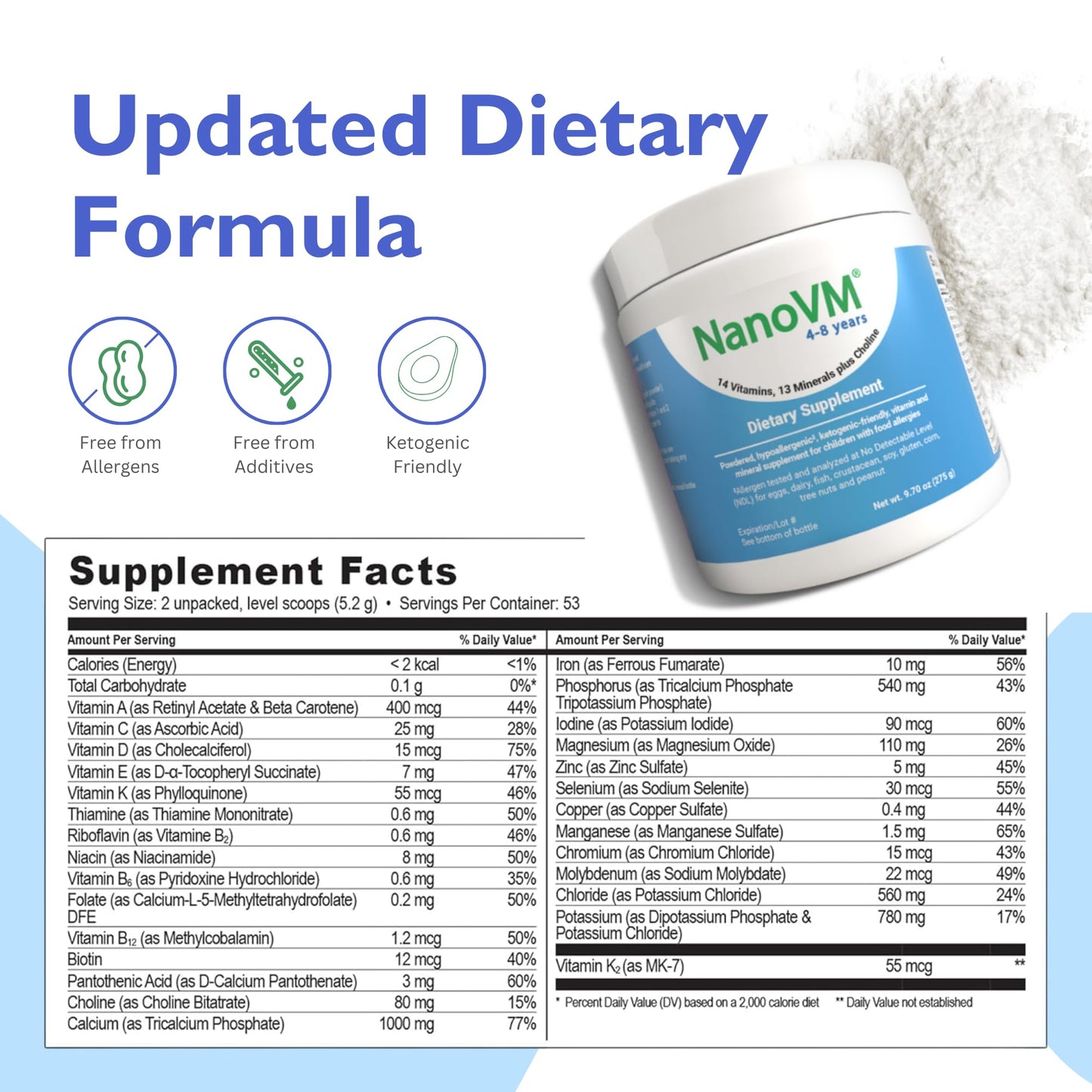 NanoVM 4-8 Years Allergen-Free Kids Multivitamin Powder | Solace Nutrition 275g