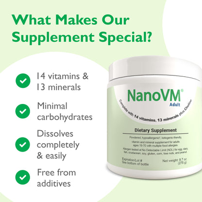 NanoVM Adult Allergen-Free Multivitamin Powder — 13 Vitamins & 13 Minerals, Low-Carb, 275g