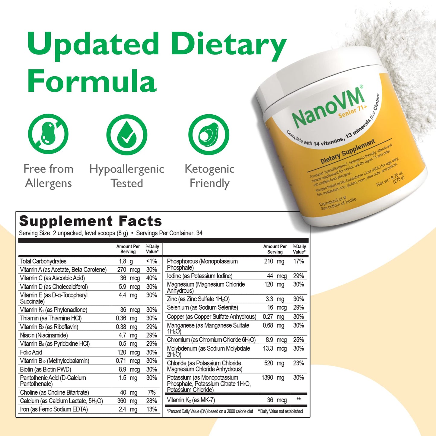 NanoVM Senior 71+ Unflavored Multivitamin Powder | Allergen-Free, Low-Carb (275g) – Solace Nutrition