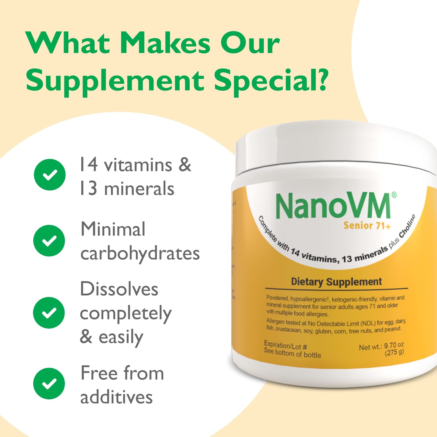 NanoVM Senior 71+ Unflavored Multivitamin Powder | Allergen-Free, Low-Carb (275g) – Solace Nutrition