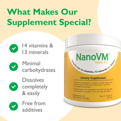 NanoVM Senior 71+ Unflavored Multivitamin Powder | Allergen-Free, Low-Carb (275g) – Solace Nutrition
