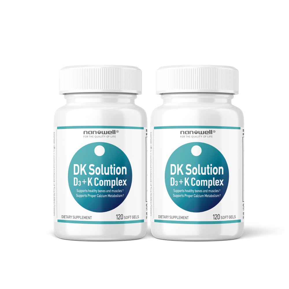 NANOWELL DK Solution 120 Softgels x 2 Bottles – Vitamin D3 + K Complex for Bone, Teeth, Muscle Health & Immune Support (240 Count)
