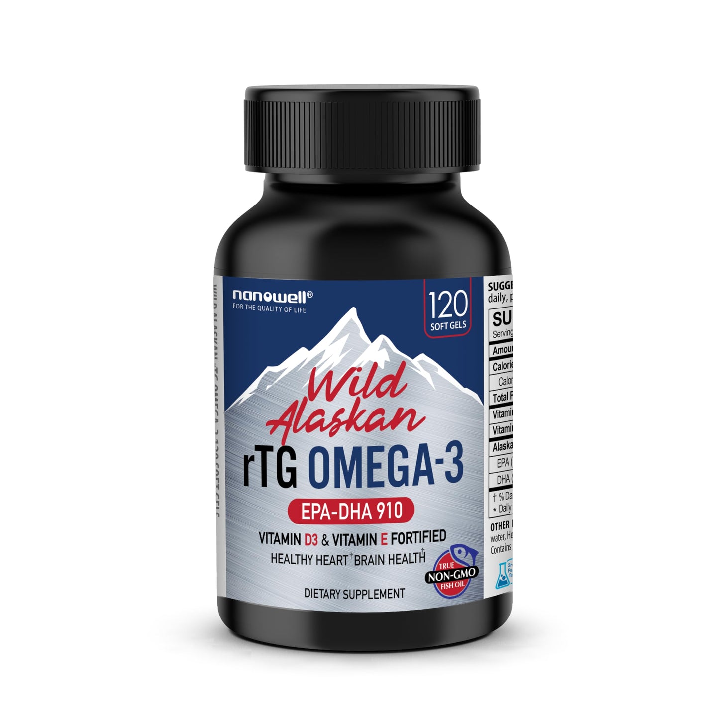NANOWELL Wild Alaskan rTG Omega-3 Fish Oil 1196mg – EPA, DHA, Vitamin D3 & E | 120 Softgels