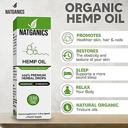 Natganics Organic Hemp Oil 3500mg – Ultra Premium CO2-Extracted Hemp Drops, USA Made