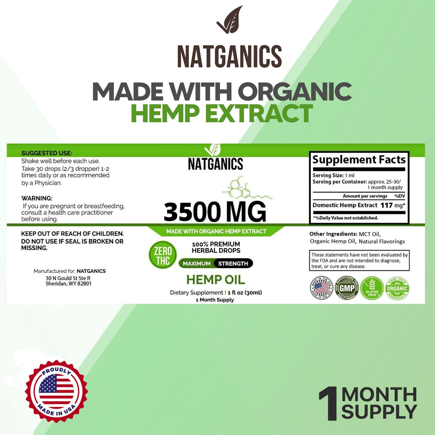 Natganics Organic Hemp Oil 3500mg – Ultra Premium CO2-Extracted Hemp Drops, USA Made
