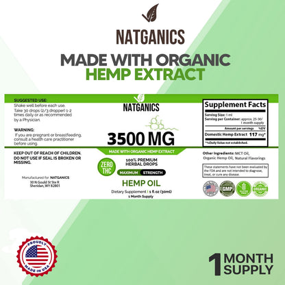 Natganics Organic Hemp Oil 3500mg – Ultra Premium CO2-Extracted Hemp Drops, USA Made