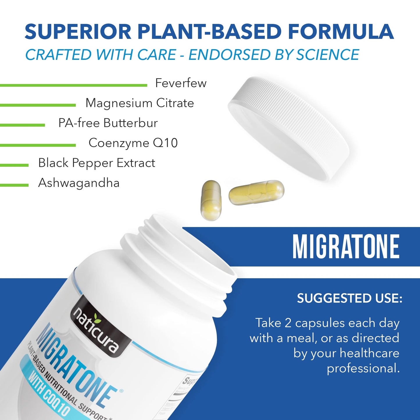 Migratone Headache Support Formula by Naticura – PA-Free Butterbur, Magnesium, B Vitamins & CoQ10