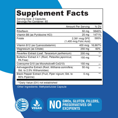 Migratone Headache Support Formula by Naticura – PA-Free Butterbur, Magnesium, B Vitamins & CoQ10