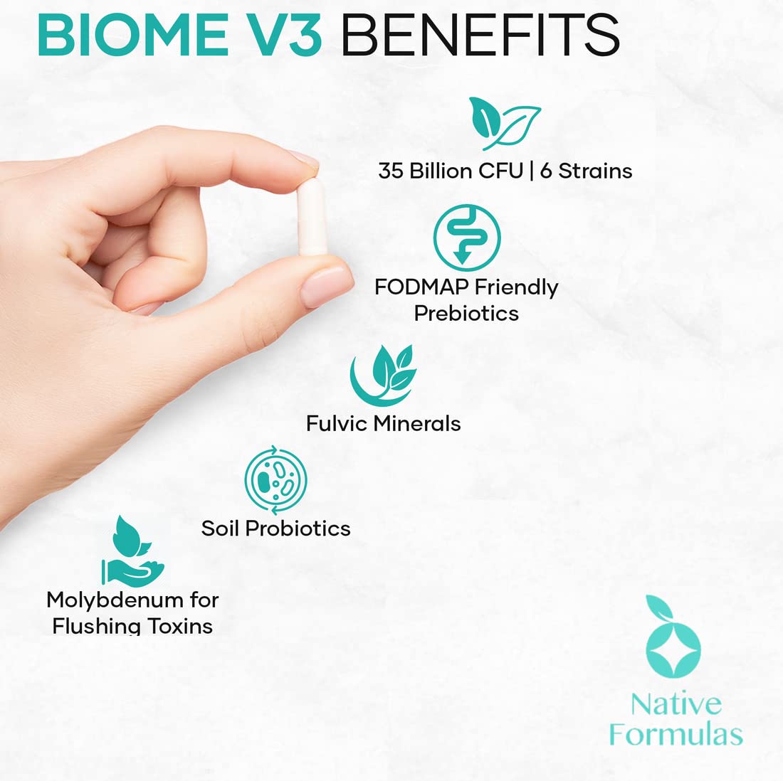 Native Formulas Biome V3 Probiotic, Prebiotic, & Fulvic Minerals Supplements - 35 Billion CFU - 6 Strains - 60 Vegan Capsules - Women & Men - FODMAP Friendly - Supports Digestive, Immune & Gut Health