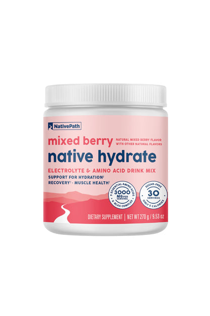 NativePath Native Hydrate Electrolyte Powder with BCAAs – Zero Sugar, Mixed Berry | 30 Servings