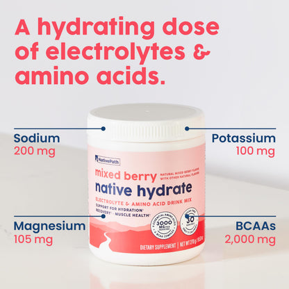 NativePath Native Hydrate Electrolyte Powder with BCAAs – Zero Sugar, Mixed Berry | 30 Servings