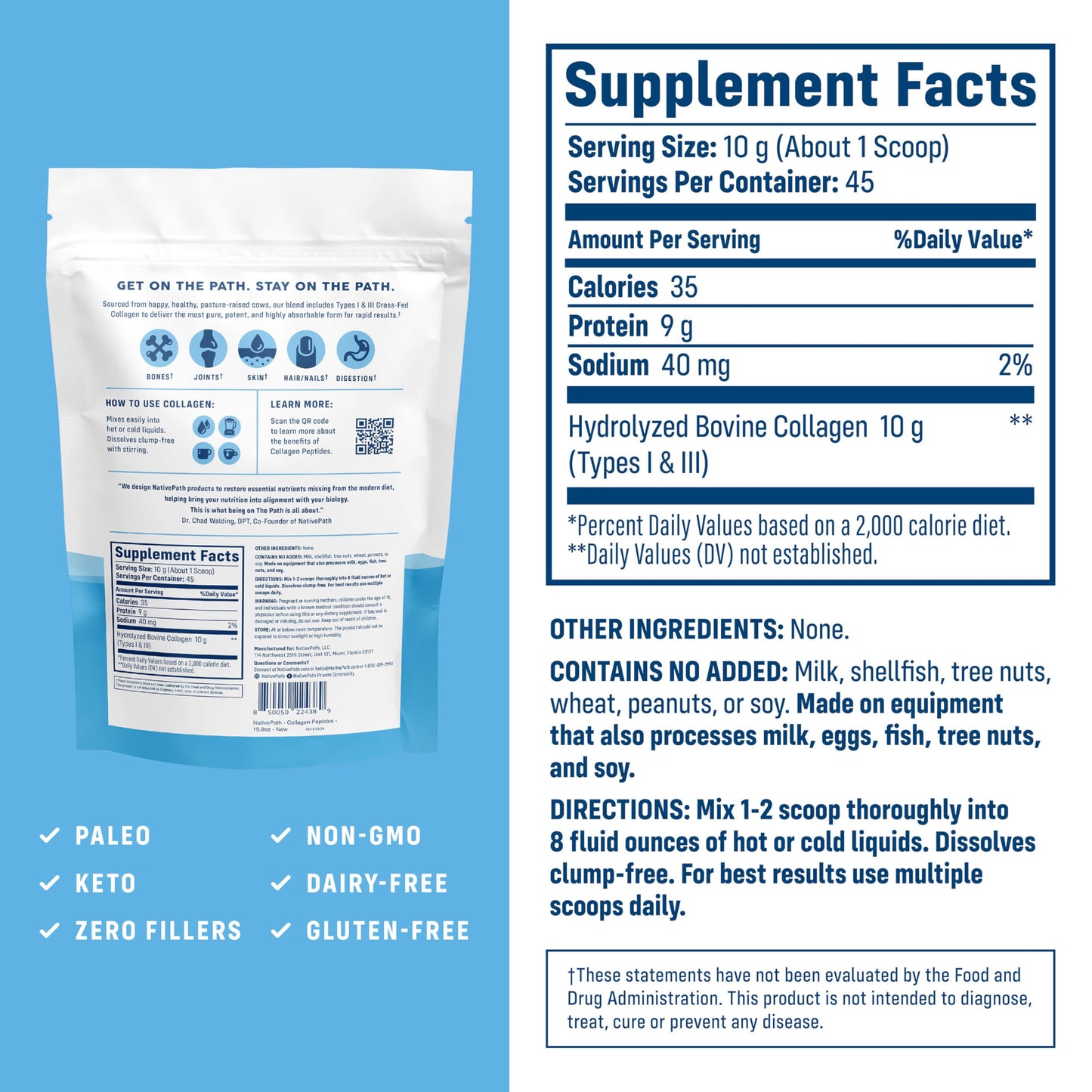 NativePath Collagen Peptides Protein – Hydrolyzed Type 1 & 3 Collagen Powder for Skin, Hair & Nails – 15.9 oz (45 Servings)