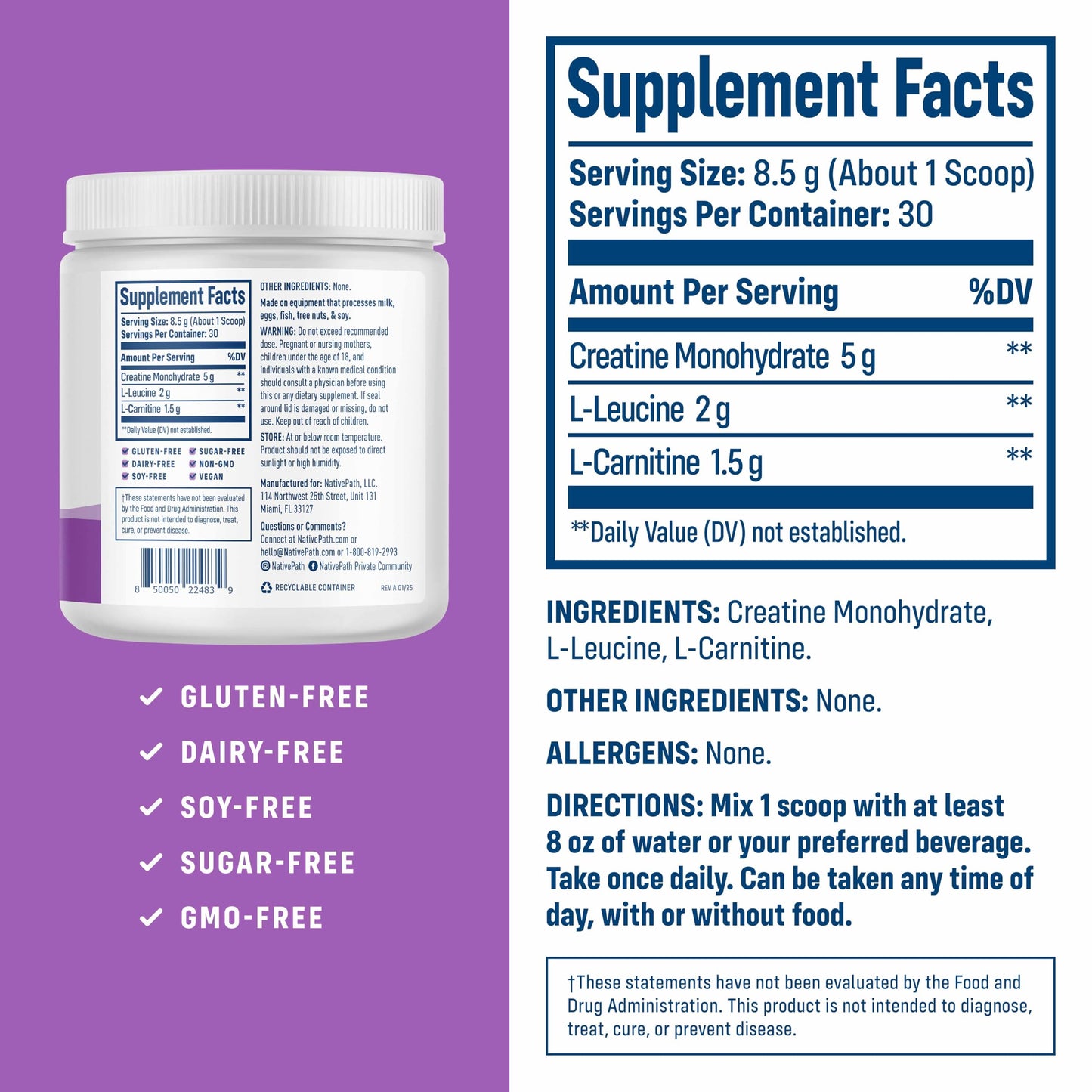 NativePath Creatine Monohydrate Powder with L-Leucine & L-Carnitine — 30 Servings