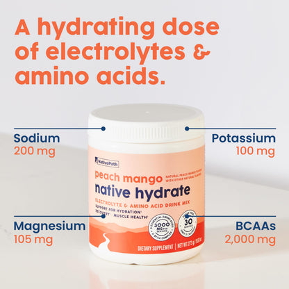 NativePath Native Hydrate – Zero-Sugar Electrolyte Powder with BCAAs (Peach Mango)