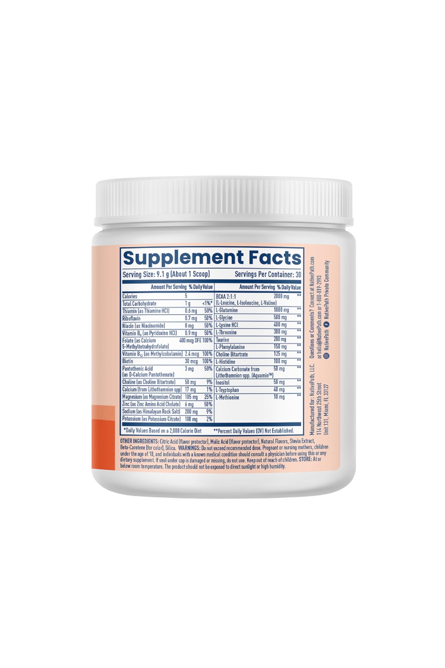 NativePath Native Hydrate – Zero-Sugar Electrolyte Powder with BCAAs (Peach Mango)