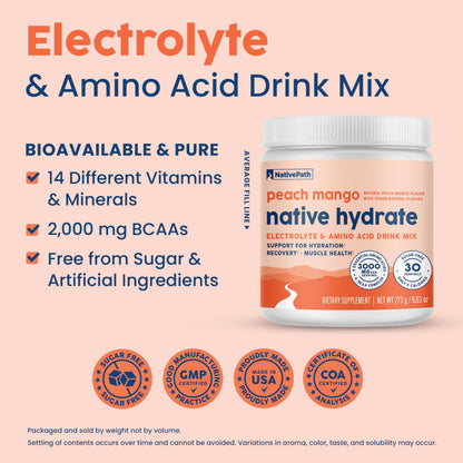 NativePath Native Hydrate – Zero-Sugar Electrolyte Powder with BCAAs (Peach Mango)