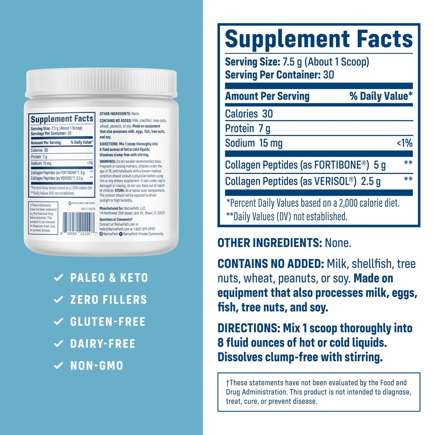 NativePath Bone Health Collagen Peptides – Fortibone & Verisol, Type 1 & 3, 7.9 oz, 30 Servings