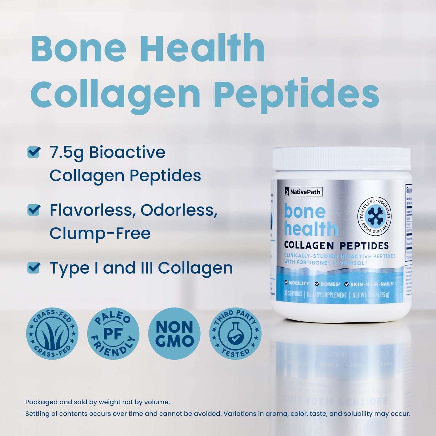 NativePath Bone Health Collagen Peptides – Fortibone & Verisol, Type 1 & 3, 7.9 oz, 30 Servings