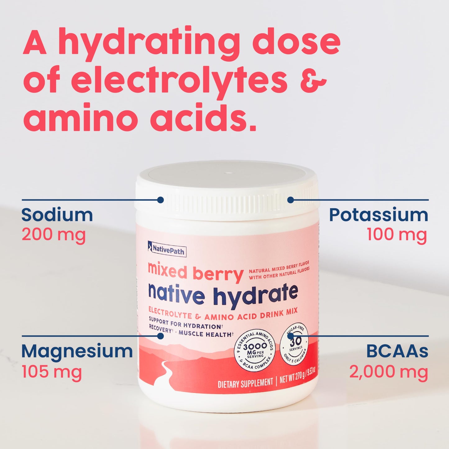 NativePath Native Hydrate Electrolyte Powder with BCAAs – Zero Sugar, Mixed Berry | 30 Servings