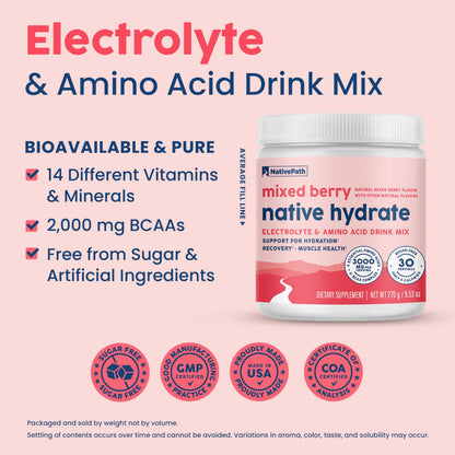 NativePath Native Hydrate Electrolyte Powder with BCAAs – Zero Sugar, Mixed Berry | 30 Servings