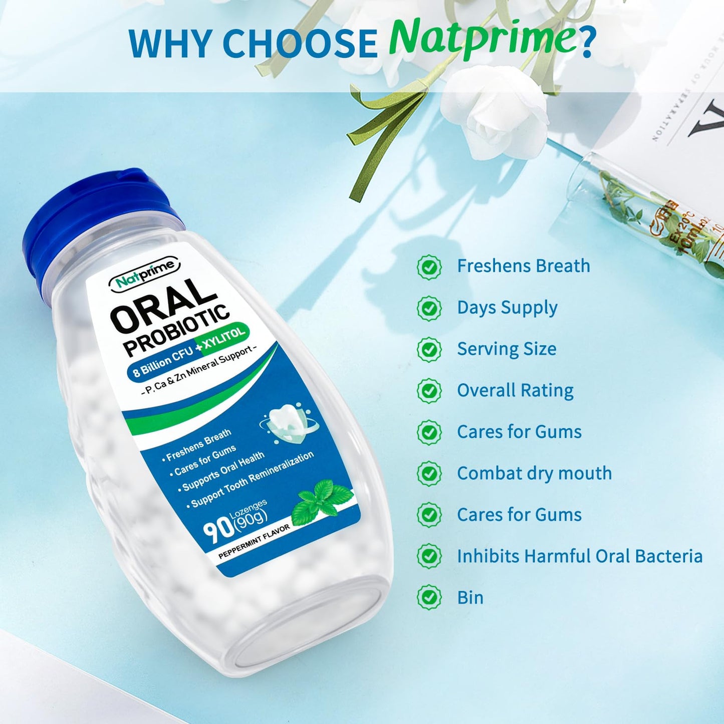 Natprime Oral Health Probiotics – 90 Mint Lozenges, 8B CFU, 6 Strains + Prebiotics & Calcium