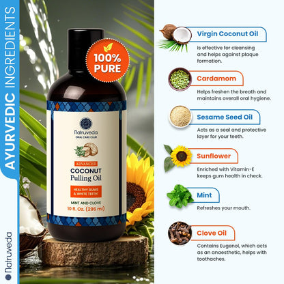 Natruveda Coconut Oil Pulling Mouthwash – Natural Whitening Ayurvedic Rinse | Fresh Mint Blend | Coconut Oil Pulling for Teeth & Gums | Whyte Oil Pulling | 10 oz